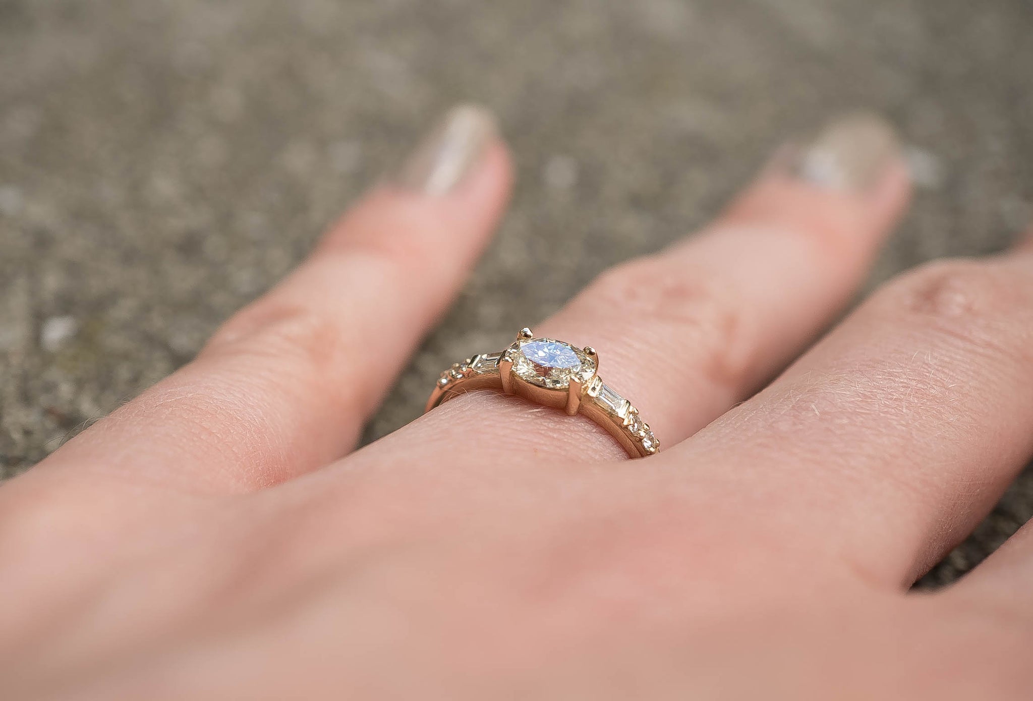 Sideways Baguette White Lab-Created Sapphire and 1/10 CT. T.W. Diamond Pavé  Ring in 10K Rose Gold | Zales